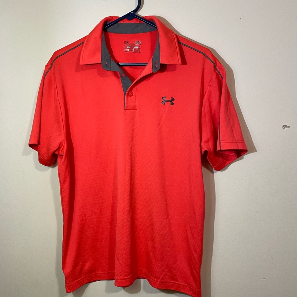 Under Armour Polo Mens Large Orange/red Polo Shirt Performance Heatgear dri fit